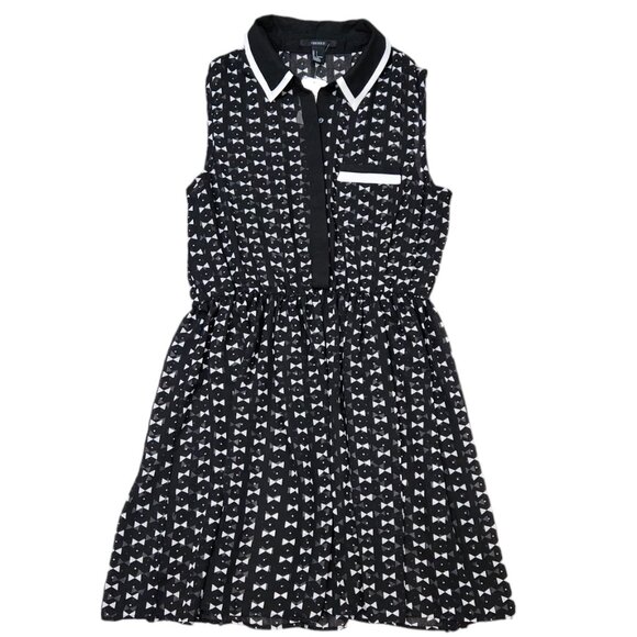 NEW Forever 21 Black and White Sheer Dress Bowtie Pattern L - Picture 2 of 8